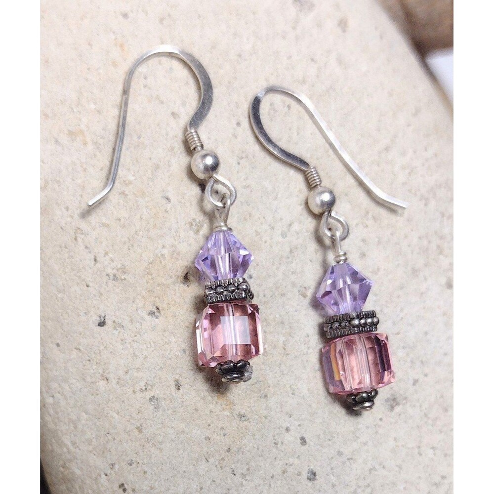 Pink Purple Crystal Sterling Silver Beaded Dangle Earrings